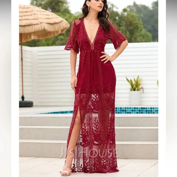 Maroon Deep V-Neck 1/2 Sleeves Sheath Lace Midi Dresses w side slits size small - Picture 3 of 16